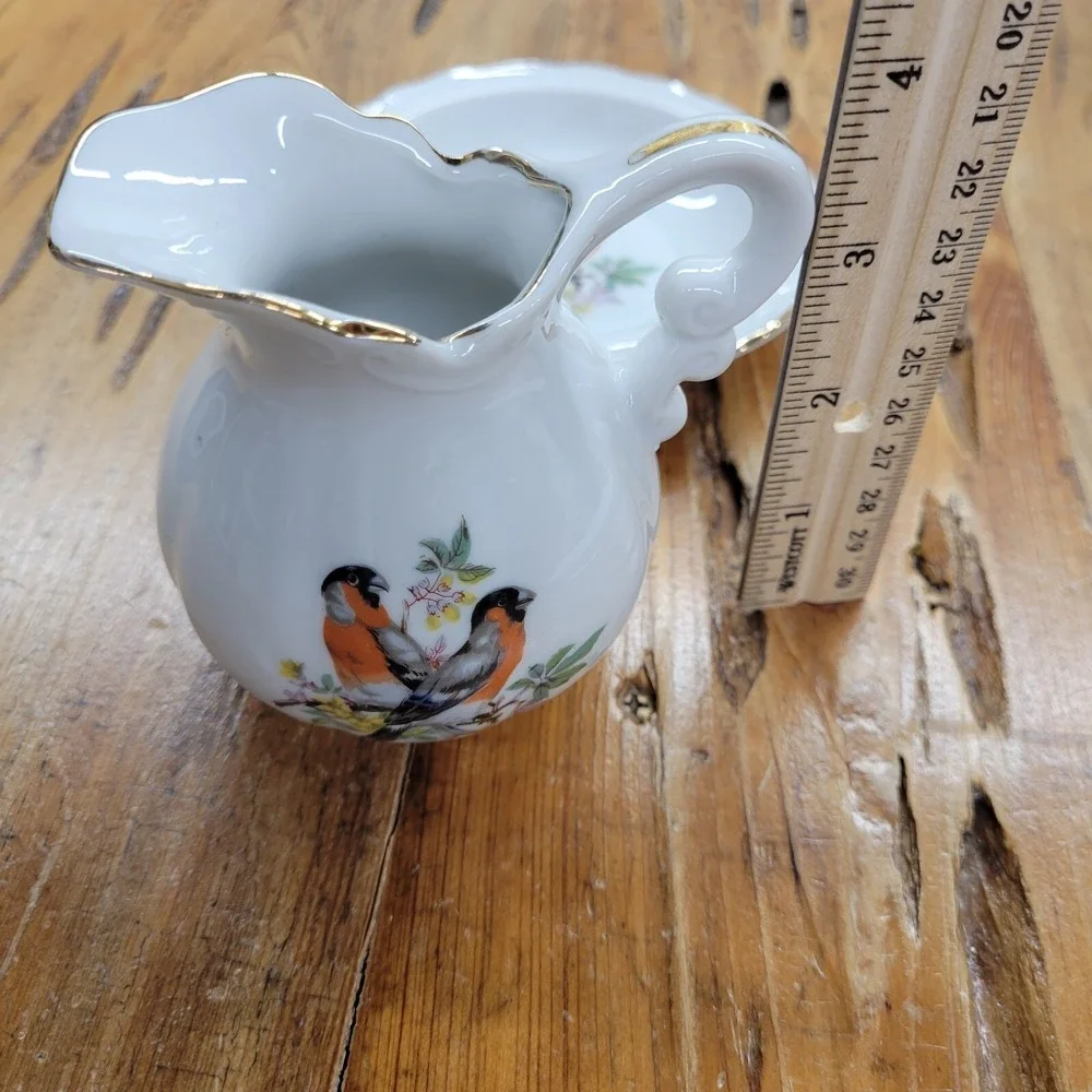 Vintage Porcelain Small Pitcher Jug & Basin Dish‎ Set Birds Orioles Gold Trim